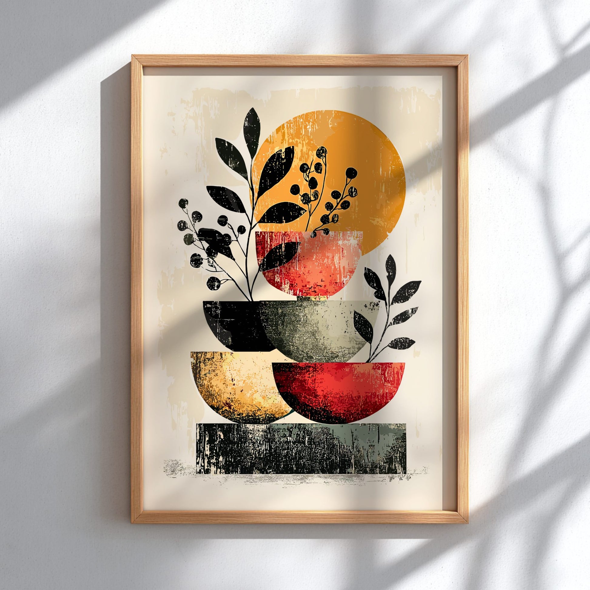 Framed abstract art print with geometric shapes and leaves on a light background