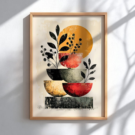 Framed abstract art print with geometric shapes and leaves on a light background