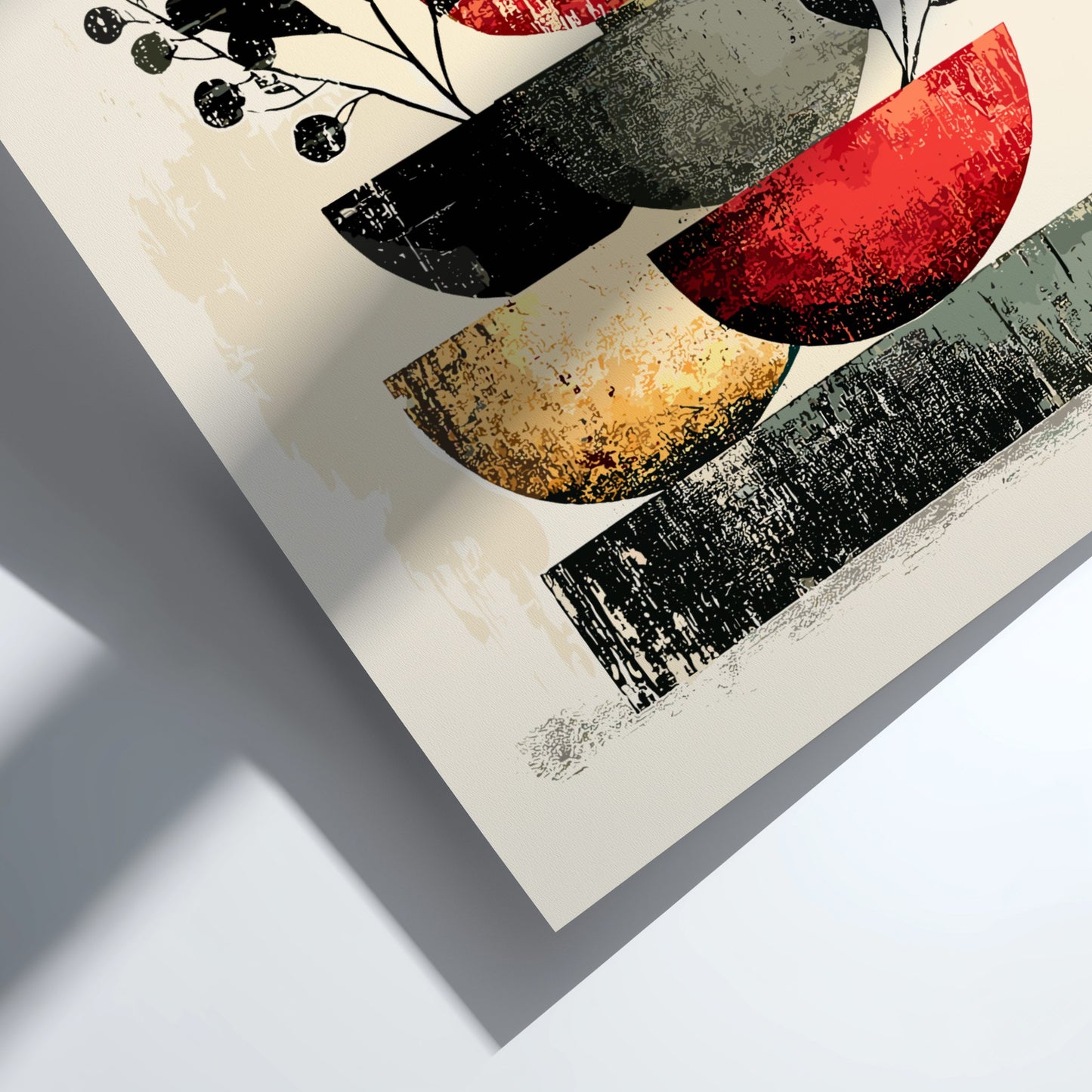 Abstract art print with geometric shapes in black, red, and gold on a white background