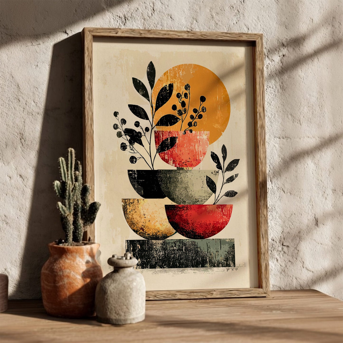 Framed abstract art print with colorful circles and leaves on a textured wall.