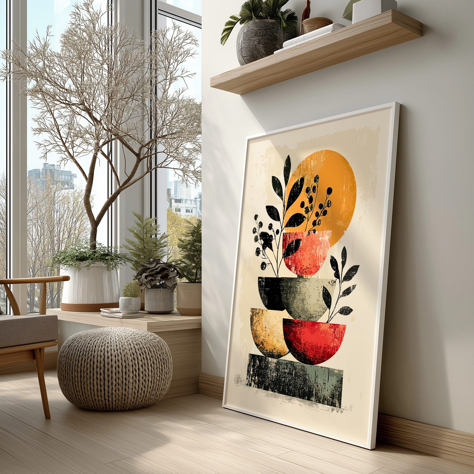 Colorful abstract art print on a wall in a modern living room with plants and furniture.