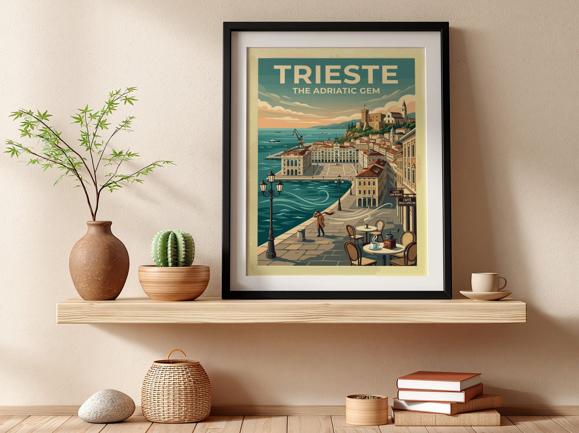 Travel poster of Trieste Italy featuring the Adriatic coast with blue water and buildings.