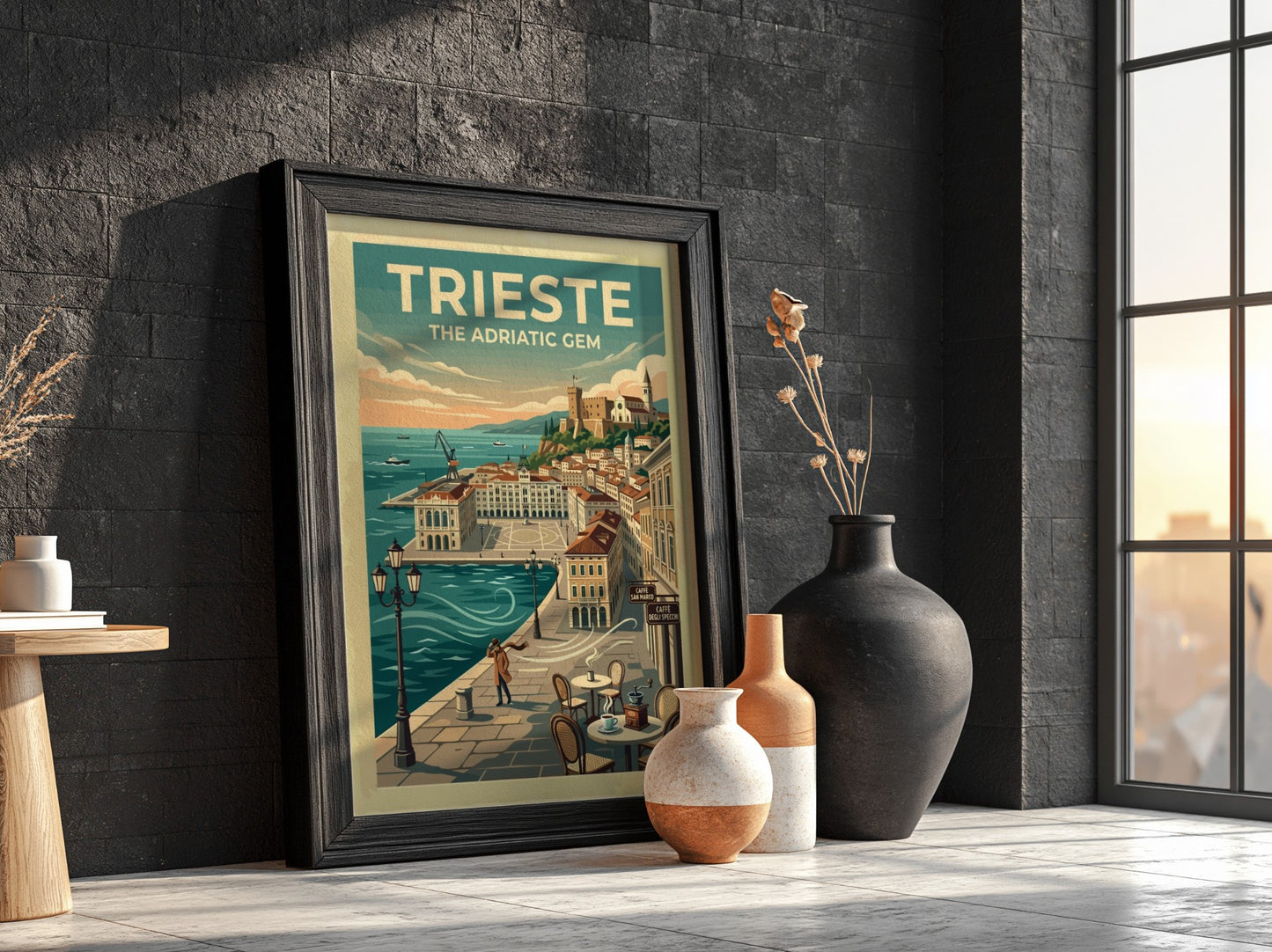 Travel poster of Trieste Italy featuring the Adriatic coast with blue water and buildings.
