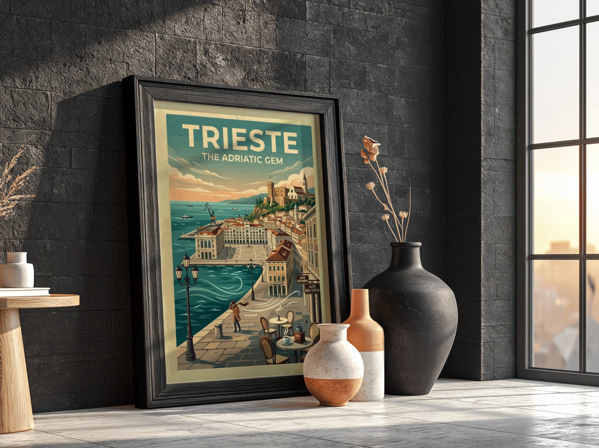 Travel poster of Trieste Italy featuring the Adriatic coast with blue water and buildings.