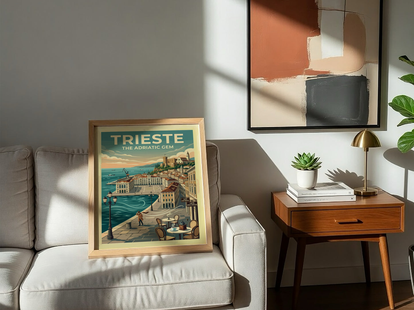 Travel poster of Trieste Italy featuring the Adriatic coast with blue water and buildings.