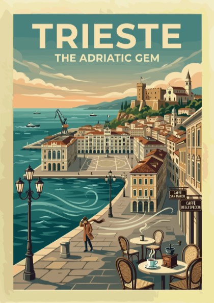Travel poster of Trieste Italy featuring the Adriatic coast with blue water and buildings.