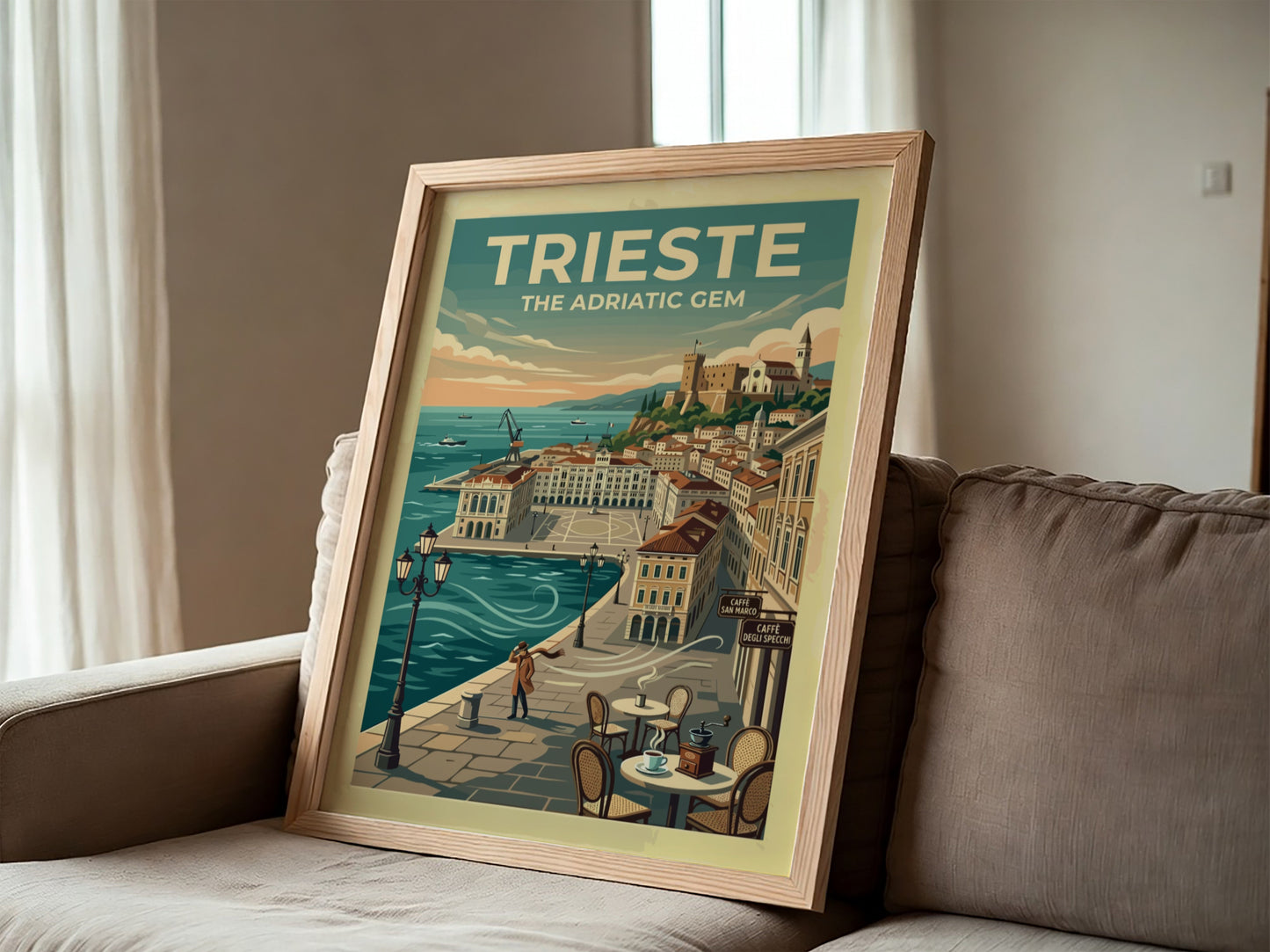 Travel poster of Trieste Italy featuring the Adriatic coast with blue water and buildings.