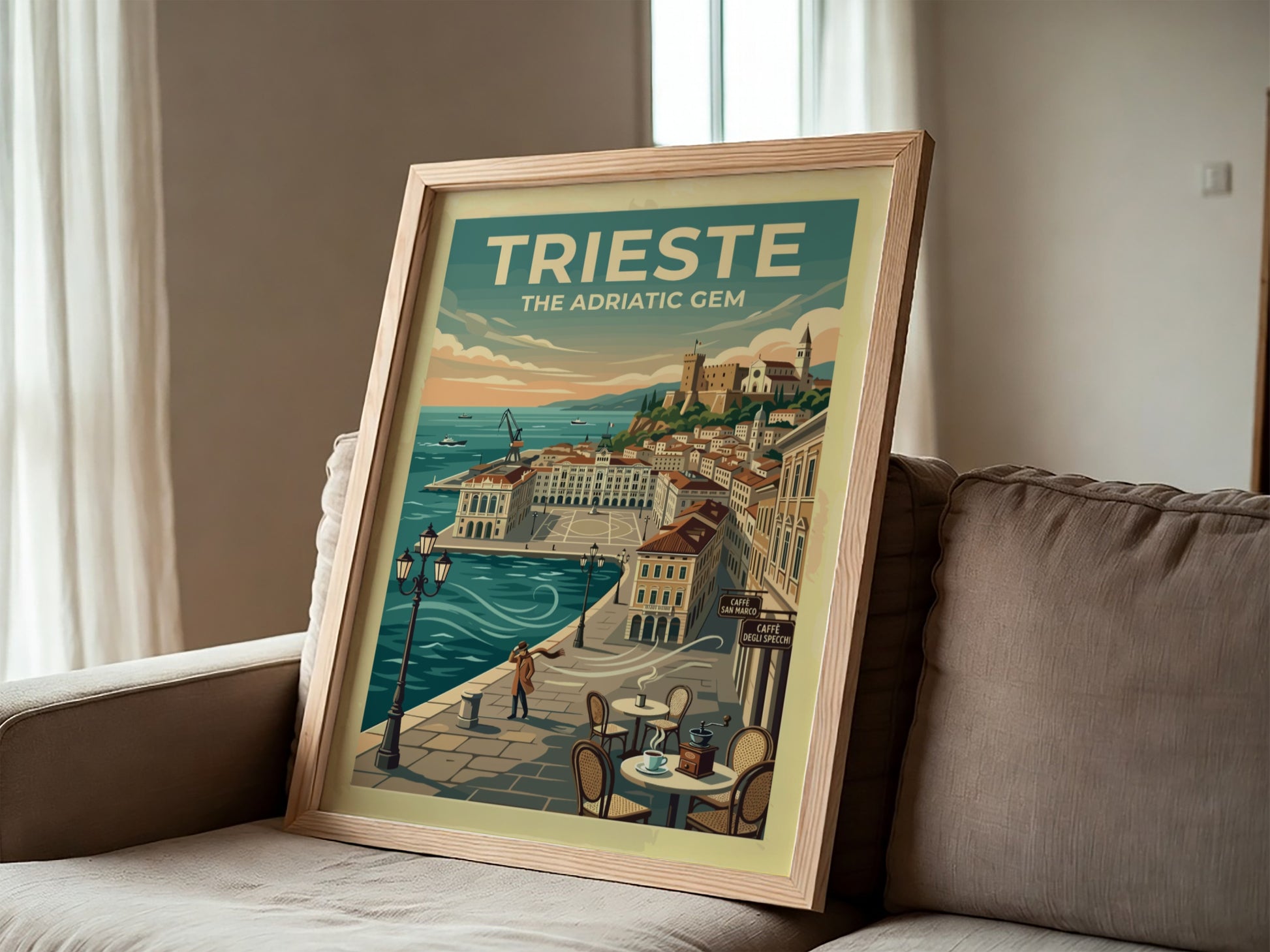 Travel poster of Trieste Italy featuring the Adriatic coast with blue water and buildings.