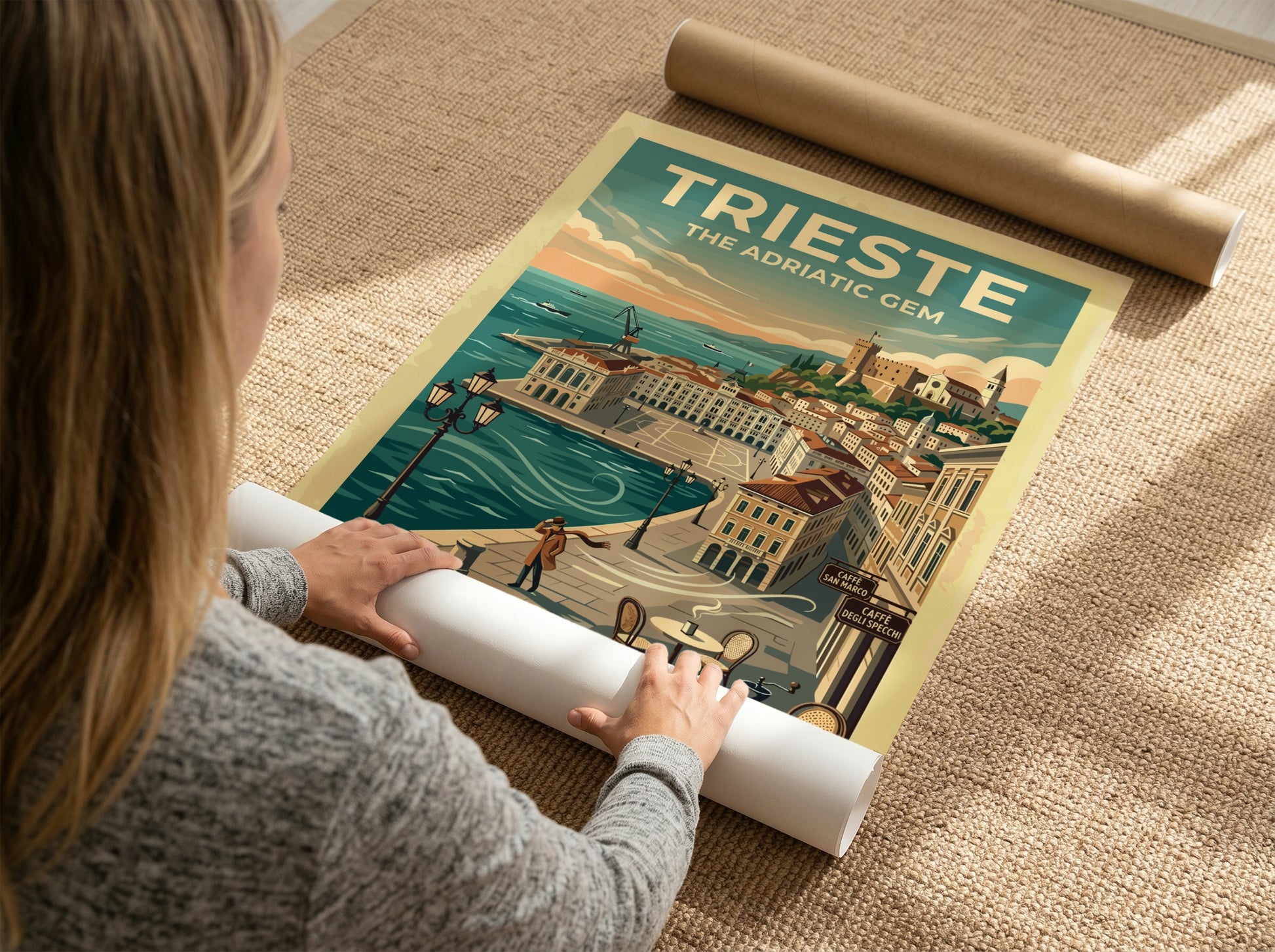 Travel poster of Trieste Italy featuring the Adriatic coast with blue water and buildings.