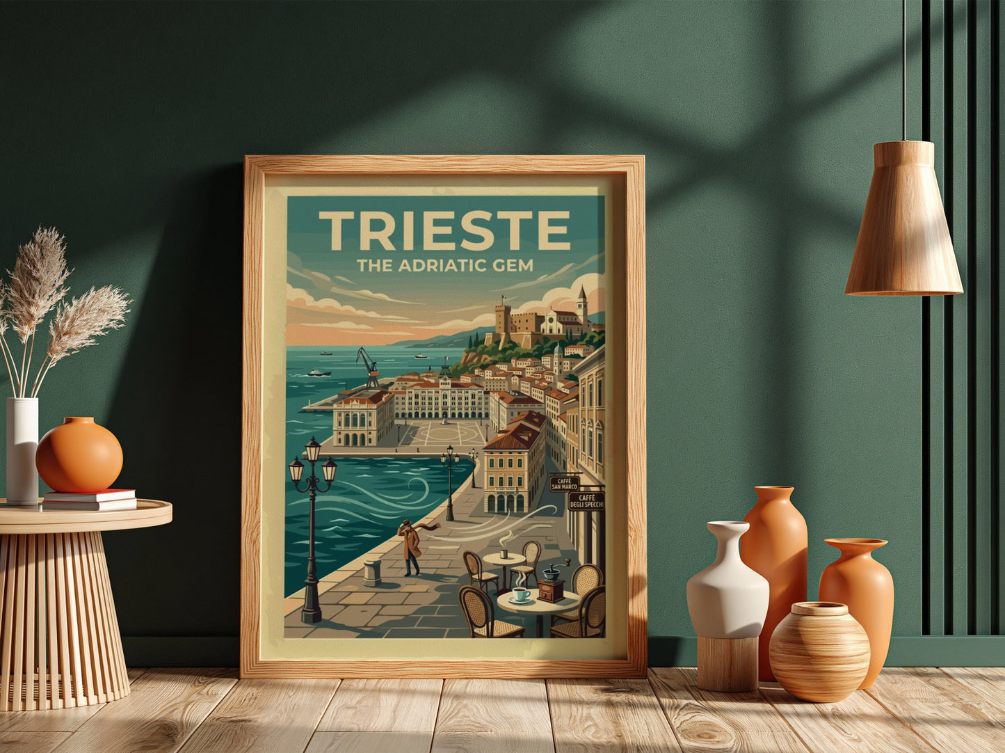 Travel poster of Trieste Italy featuring the Adriatic coast with blue water and buildings.