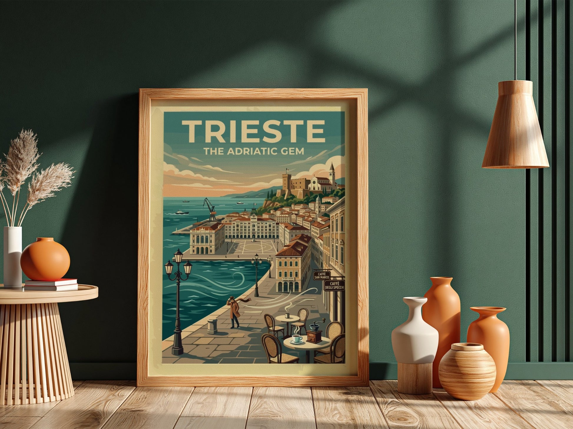 Travel poster of Trieste Italy featuring the Adriatic coast with blue water and buildings.
