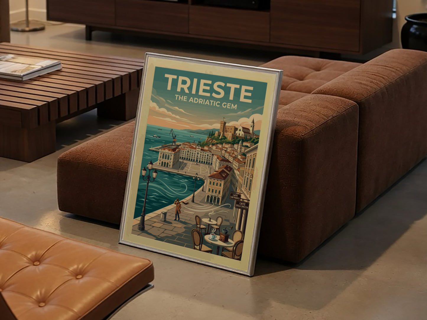Travel poster of Trieste Italy featuring the Adriatic coast with blue water and buildings.