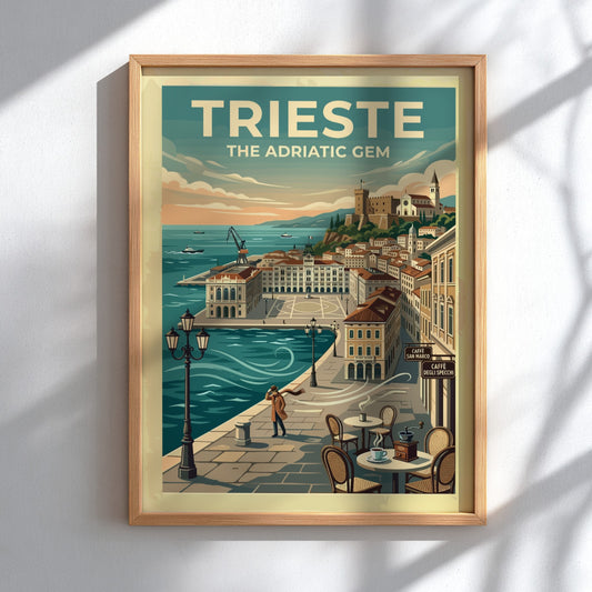 Travel poster of Trieste Italy featuring the Adriatic coast with blue water and buildings.