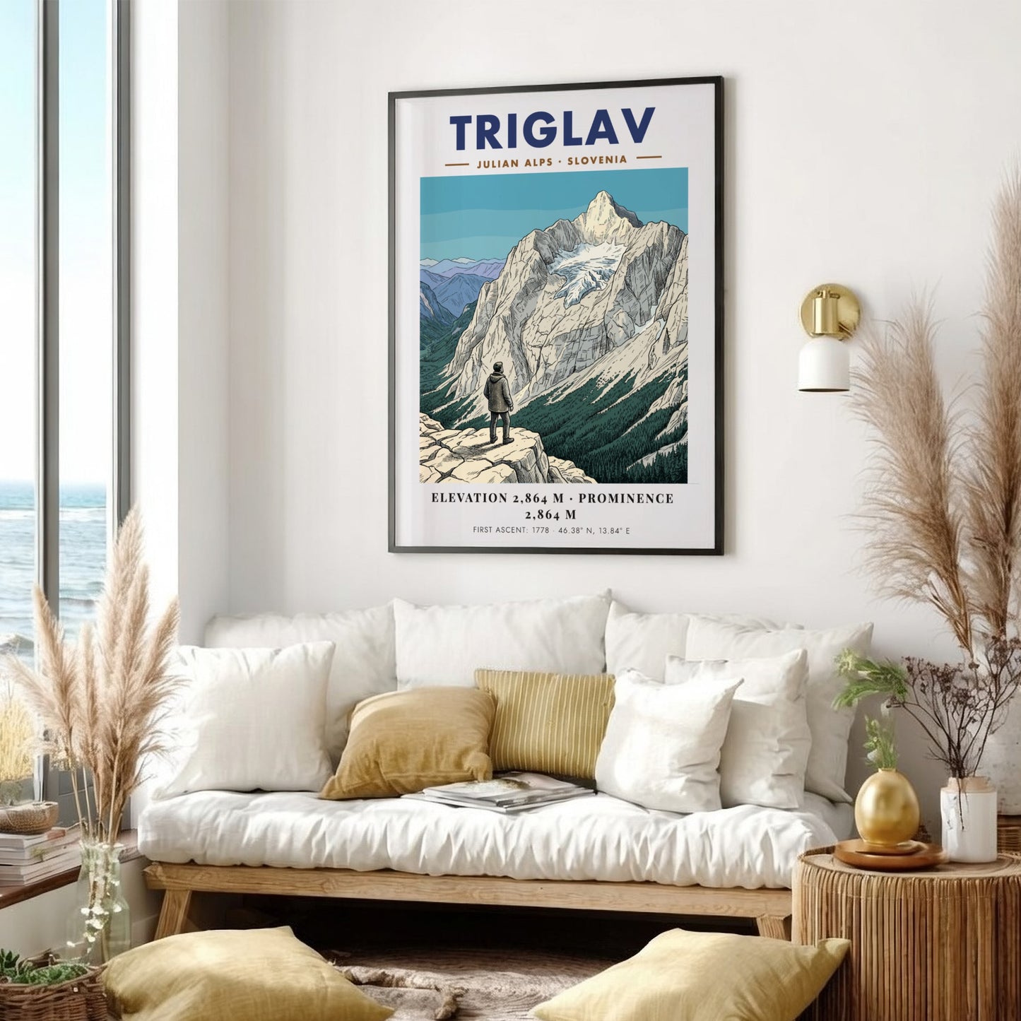 Poster featuring a hiker looking at the snow-capped Triglav mountain in the Julian Alps.