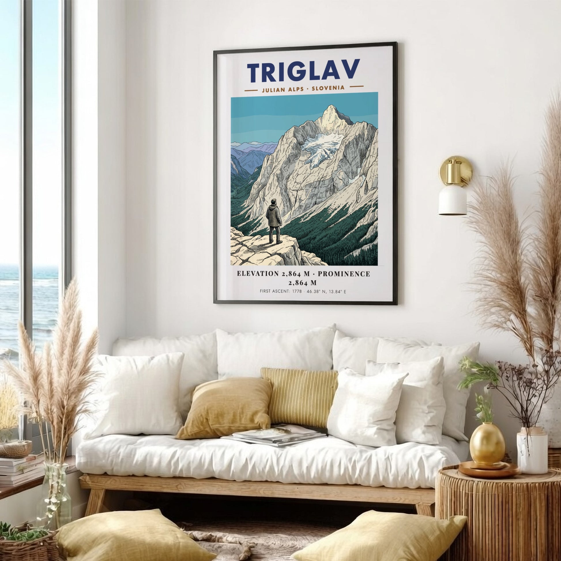 Poster featuring a hiker looking at the snow-capped Triglav mountain in the Julian Alps.