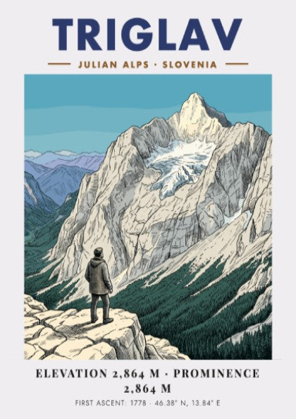 Poster featuring a hiker looking at the snow-capped Triglav mountain in the Julian Alps.