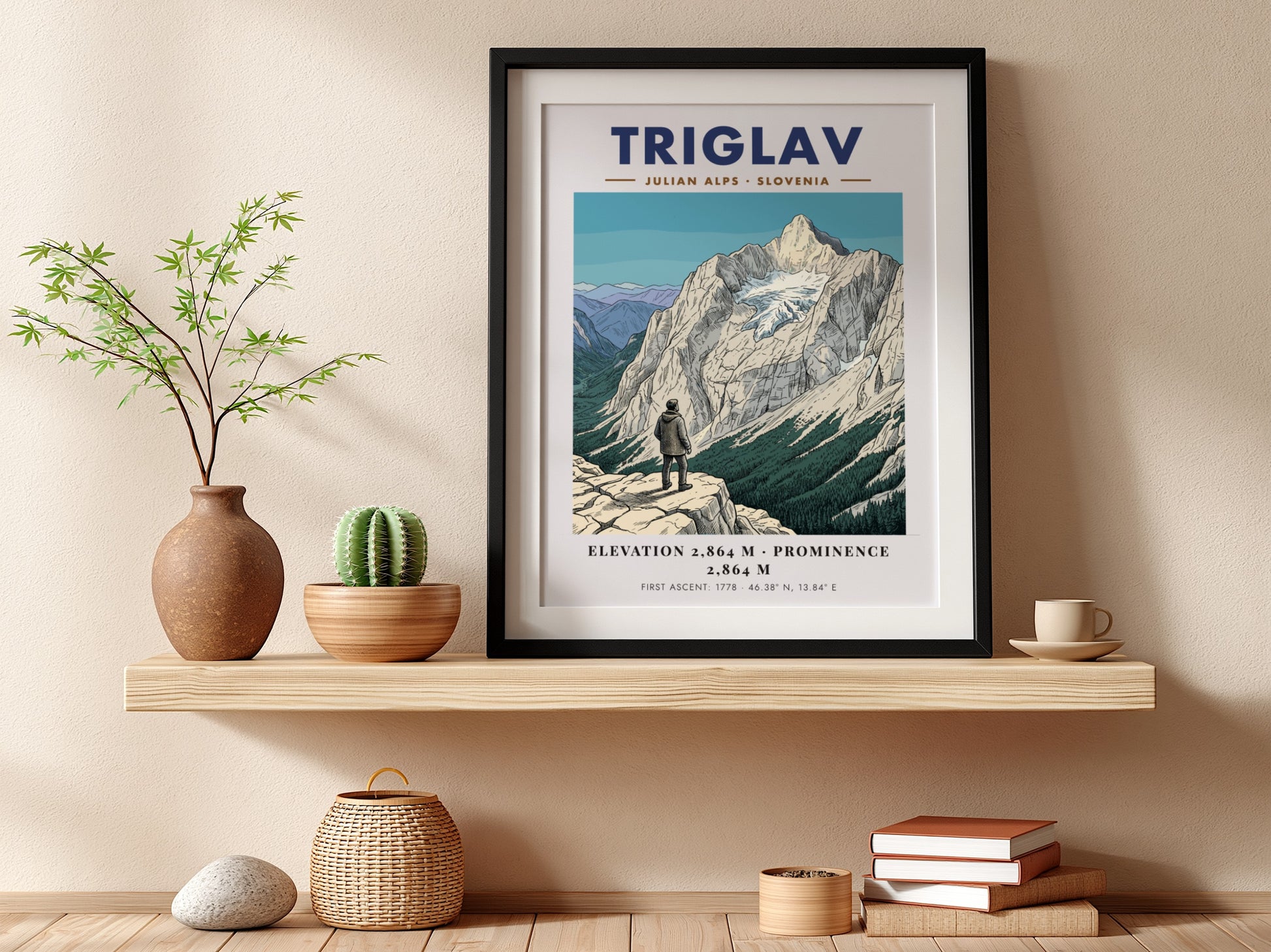 Poster featuring a hiker looking at the snow-capped Triglav mountain in the Julian Alps.