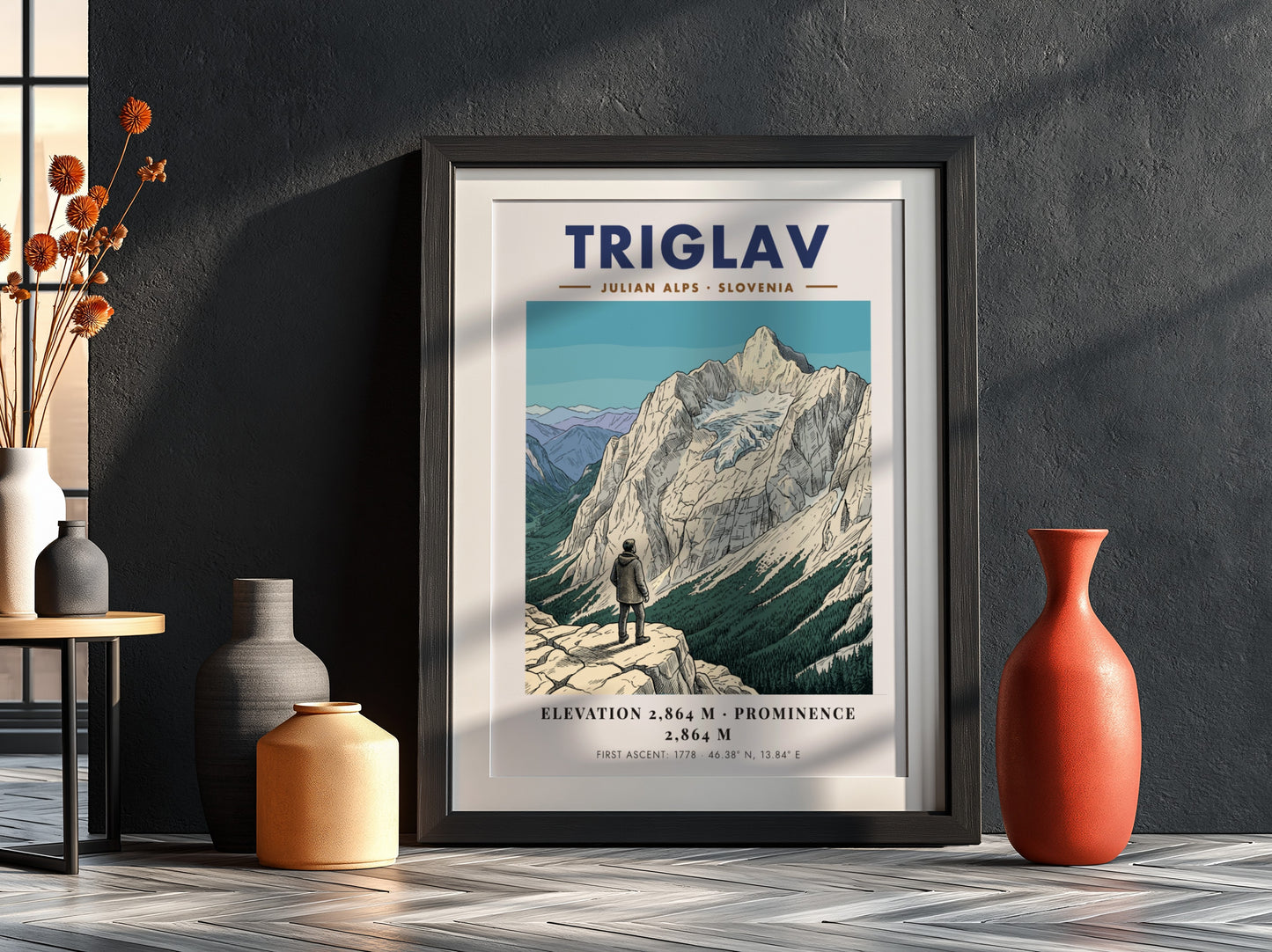 Poster featuring a hiker looking at the snow-capped Triglav mountain in the Julian Alps.