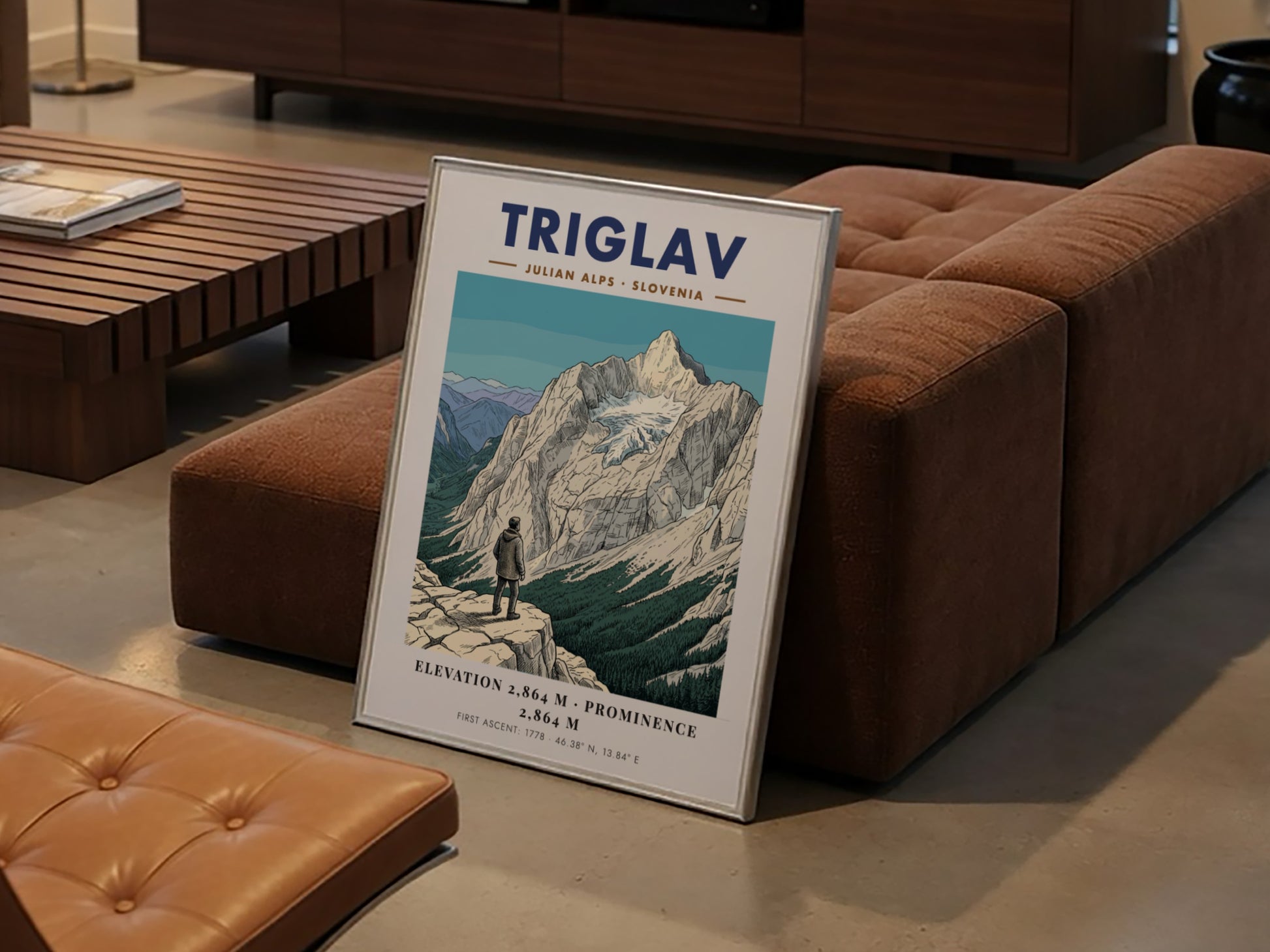 Poster featuring a hiker looking at the snow-capped Triglav mountain in the Julian Alps.