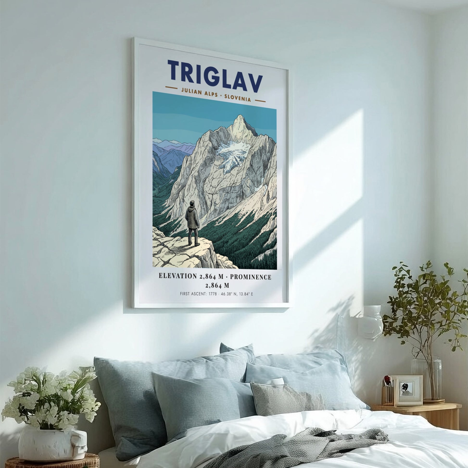 Poster featuring a hiker looking at the snow-capped Triglav mountain in the Julian Alps.