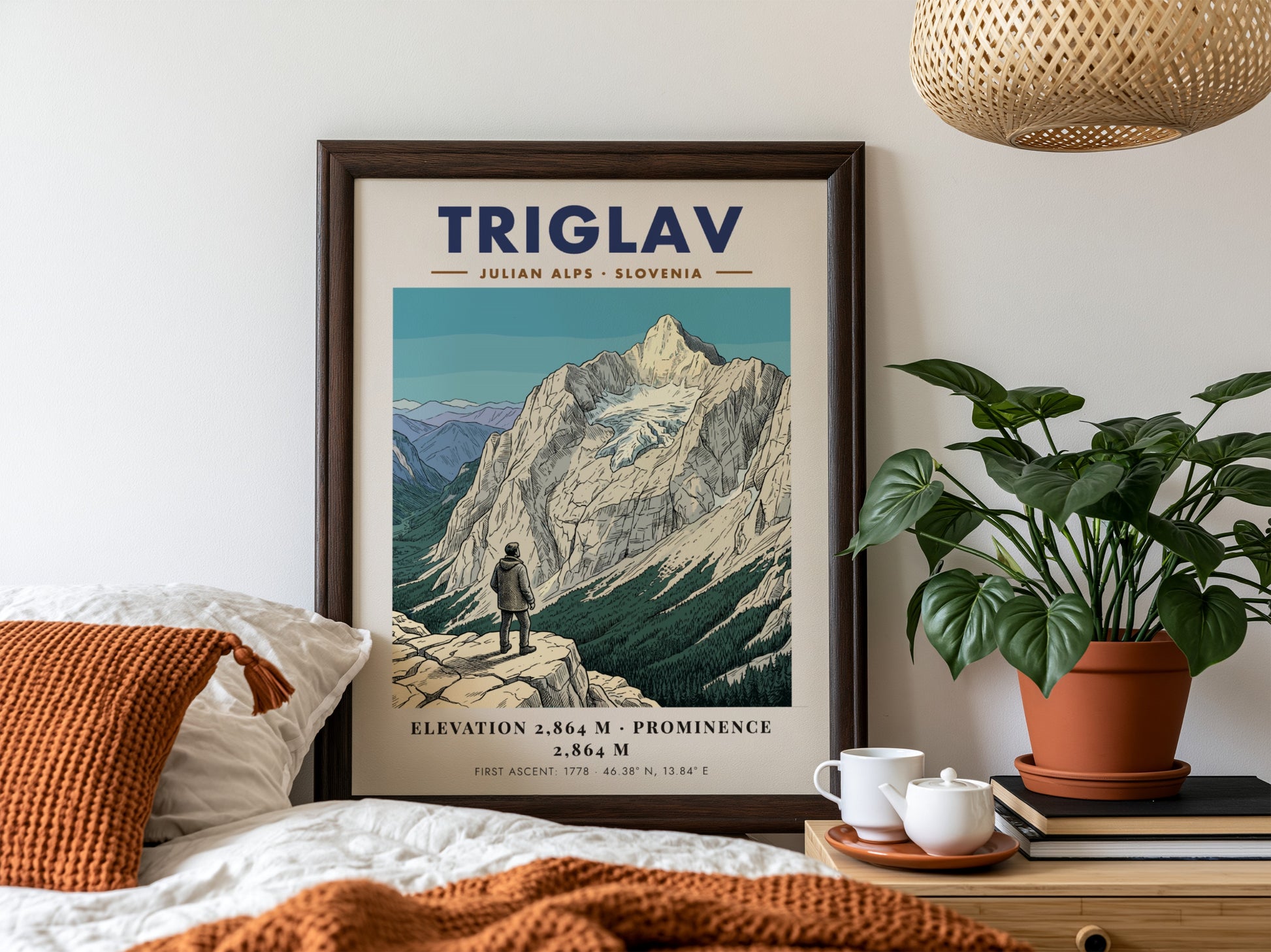 Poster featuring a hiker looking at the snow-capped Triglav mountain in the Julian Alps.