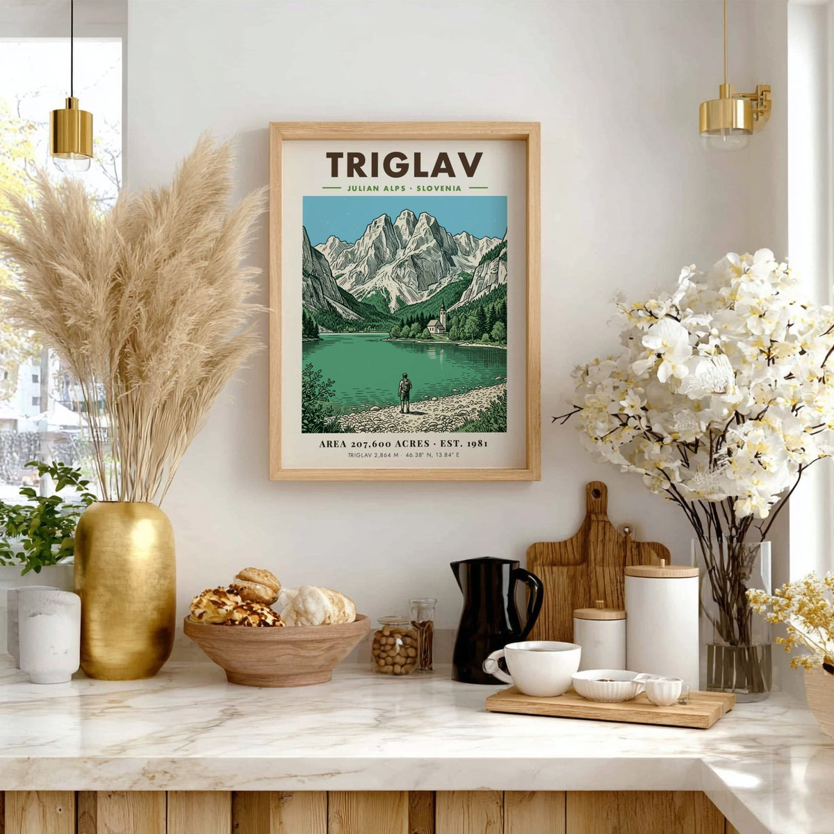 Triglav poster featuring a hiker by a lake in the Julian Alps Slovenia