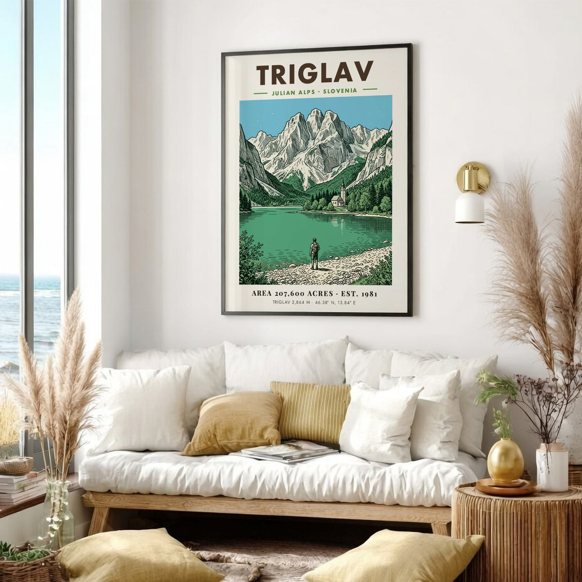 Triglav poster featuring a hiker by a lake in the Julian Alps Slovenia