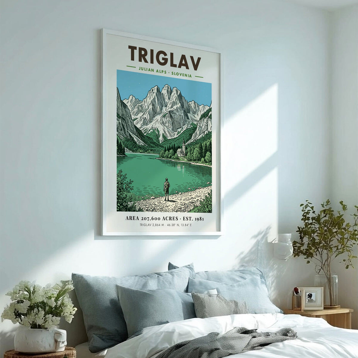 Triglav poster featuring a hiker by a lake in the Julian Alps Slovenia