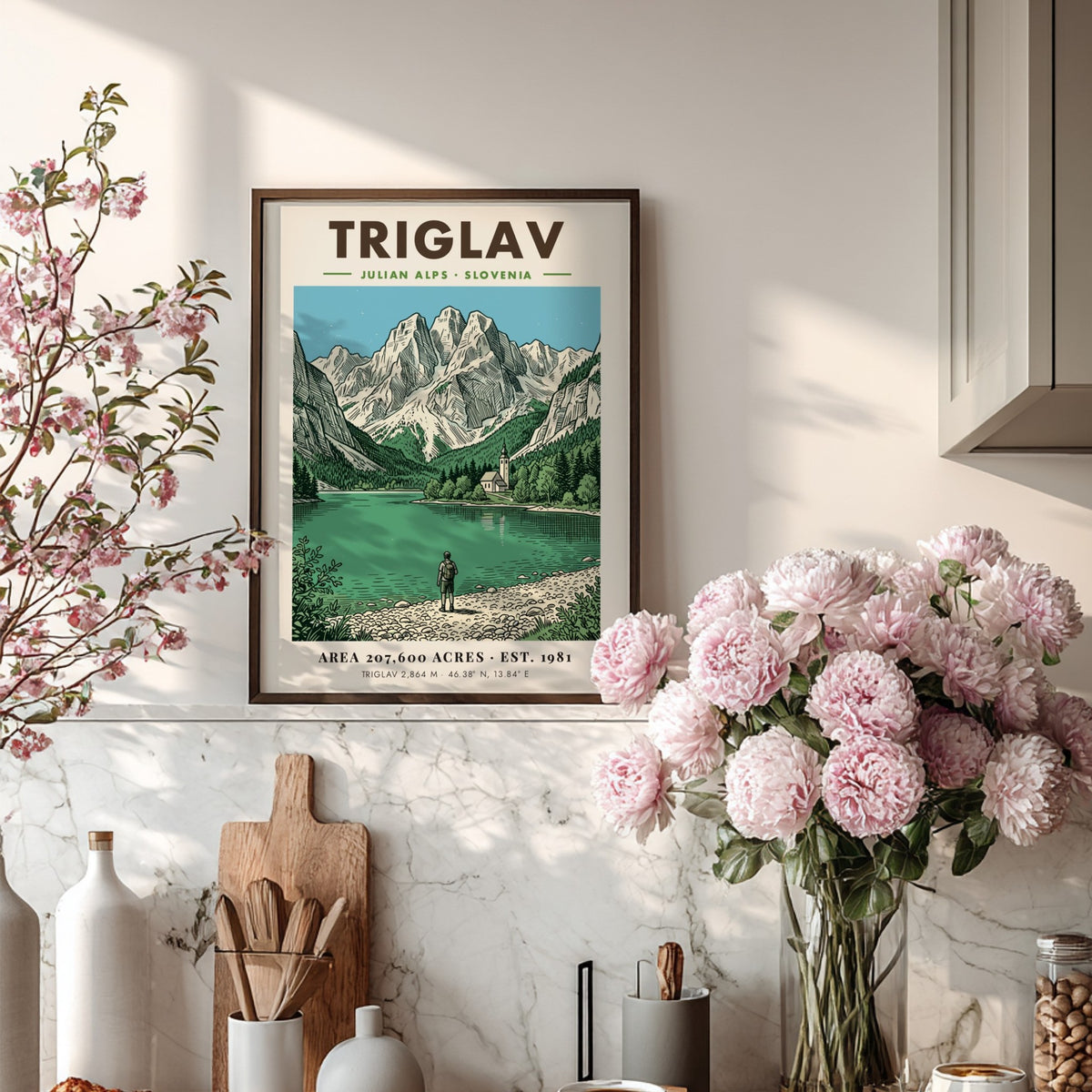 Triglav poster featuring a hiker by a lake in the Julian Alps Slovenia