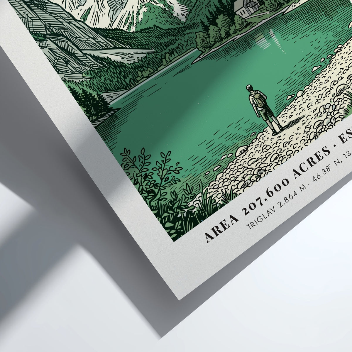 Triglav poster featuring a hiker by a lake in the Julian Alps Slovenia