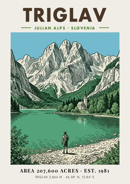 Triglav poster featuring a hiker by a lake in the Julian Alps Slovenia