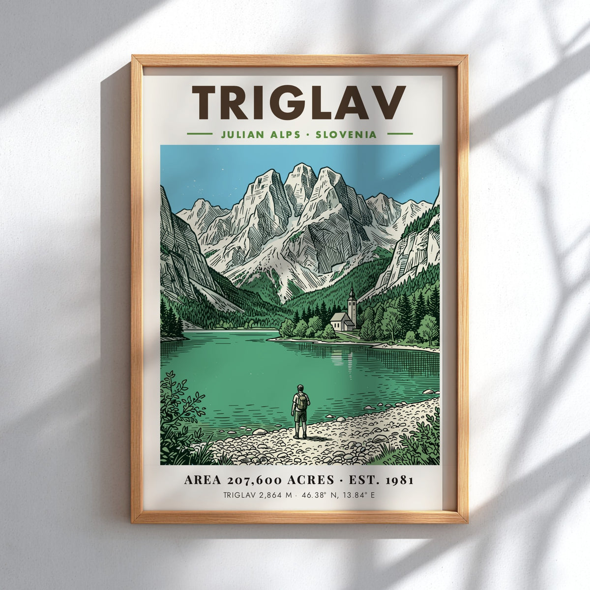 Triglav poster featuring a hiker by a lake in the Julian Alps Slovenia