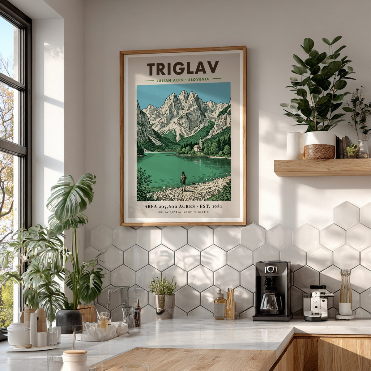 Triglav poster featuring a hiker by a lake in the Julian Alps Slovenia