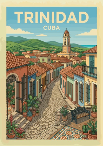 Trinidad Cuba travel poster featuring a colorful street scene with colonial buildings and a church tower.