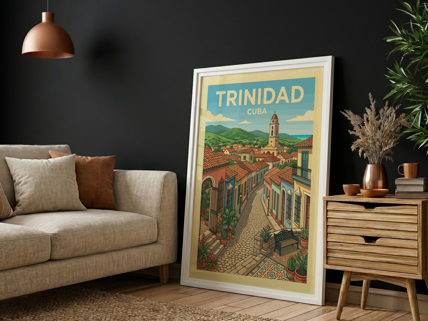 Trinidad Cuba travel poster featuring a colorful street scene with colonial buildings and a church tower.