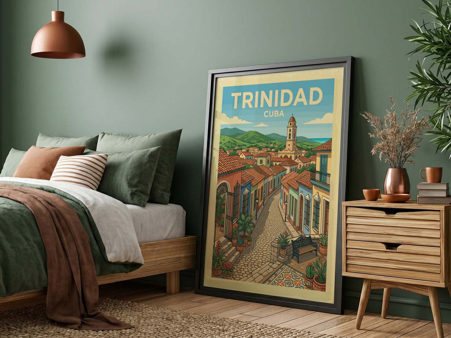Trinidad Cuba travel poster featuring a colorful street scene with colonial buildings and a church tower.