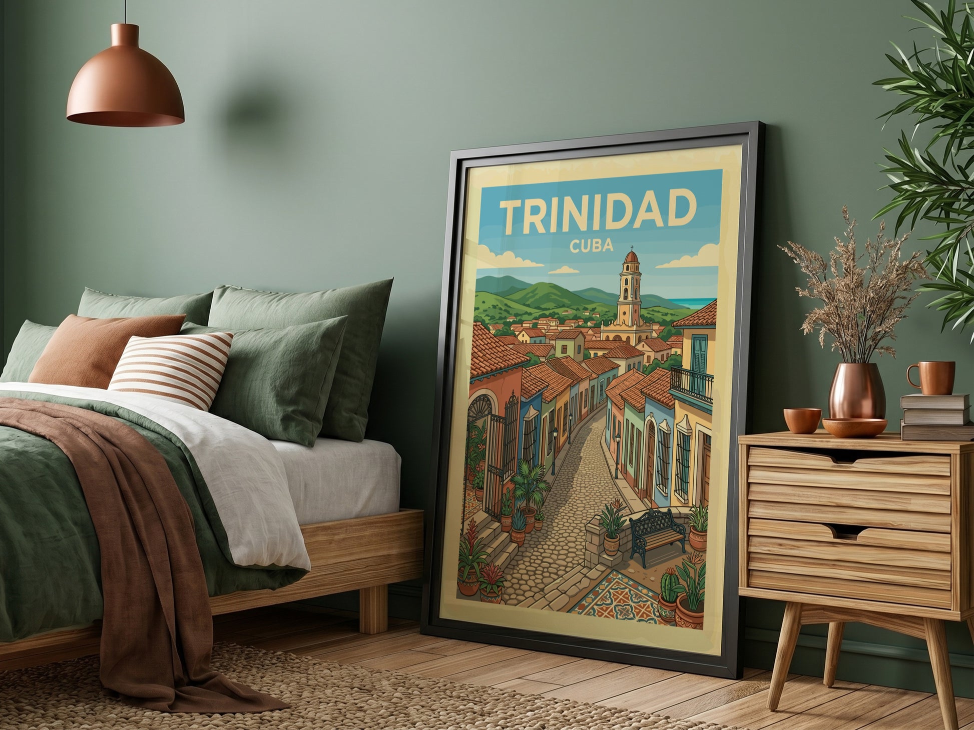 Trinidad Cuba travel poster featuring a colorful street scene with colonial buildings and a church tower.