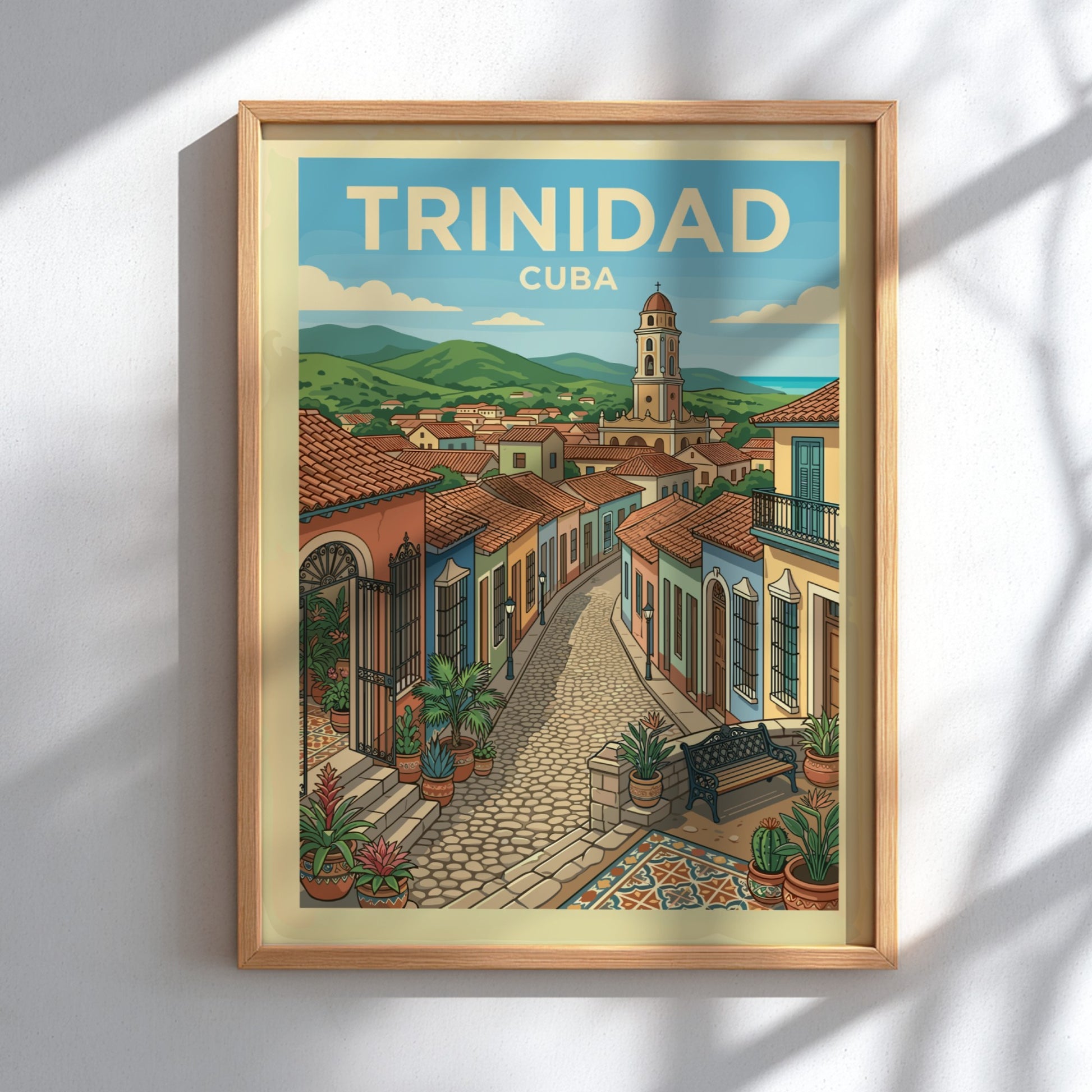 Trinidad Cuba travel poster featuring a colorful street scene with colonial buildings and a church tower.