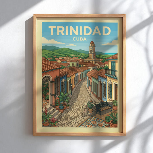 Trinidad Cuba travel poster featuring a colorful street scene with colonial buildings and a church tower.
