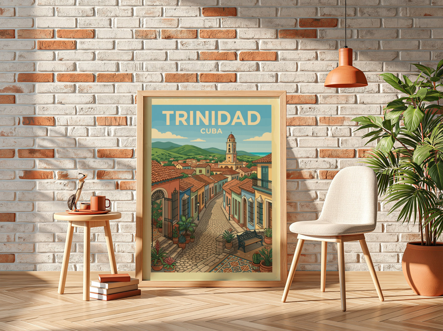 Trinidad Cuba travel poster featuring a colorful street scene with colonial buildings and a church tower.
