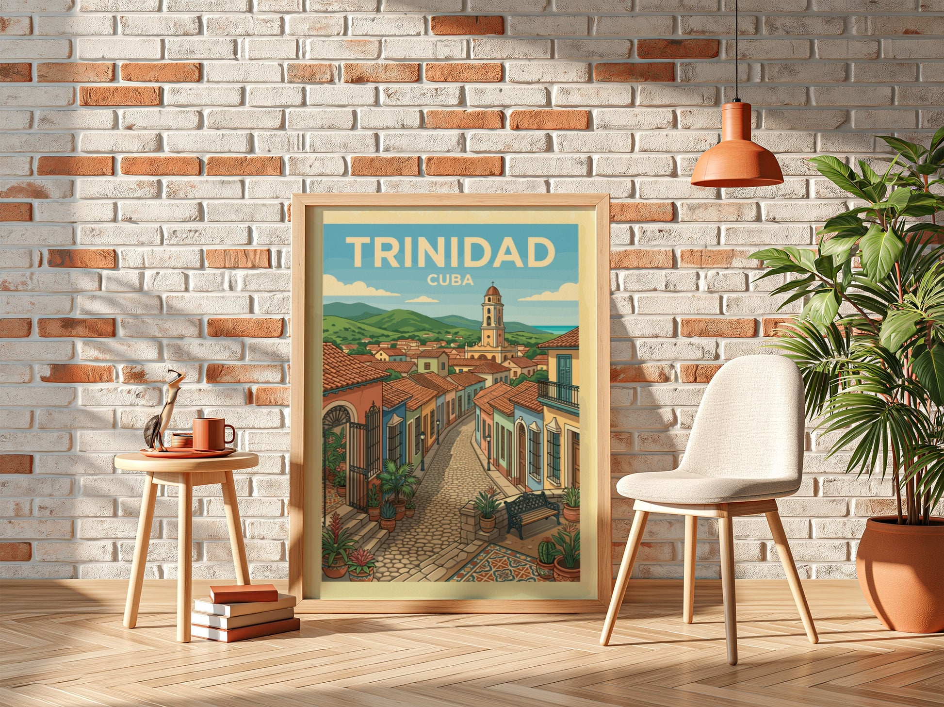 Trinidad Cuba travel poster featuring a colorful street scene with colonial buildings and a church tower.