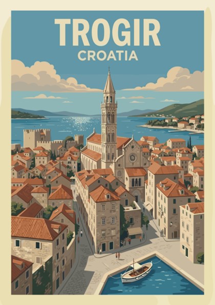 Poster of Trogir Croatia featuring a stone church tower overlooking terracotta rooftops and boats.