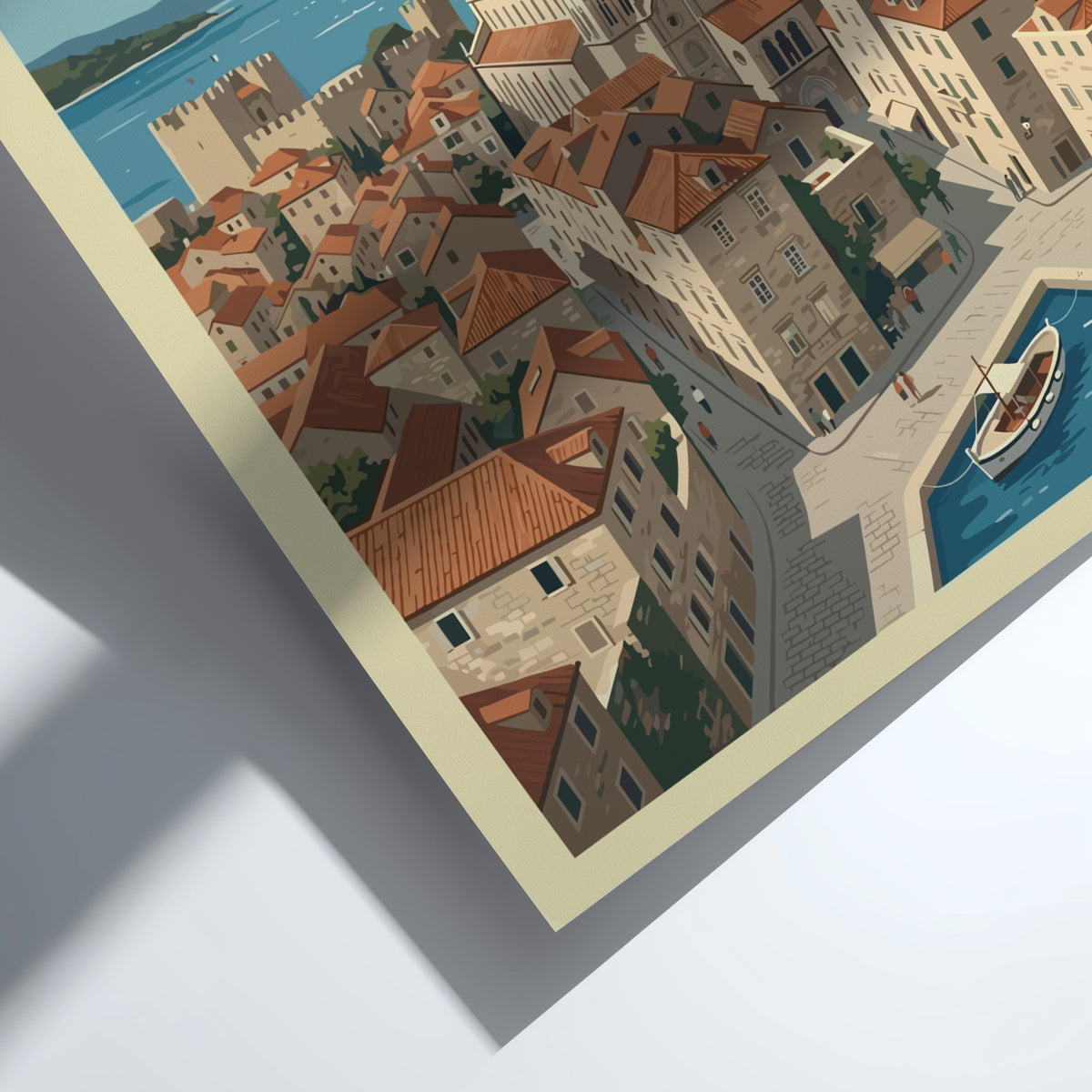 Poster of Trogir Croatia featuring a stone church tower overlooking terracotta rooftops and boats.