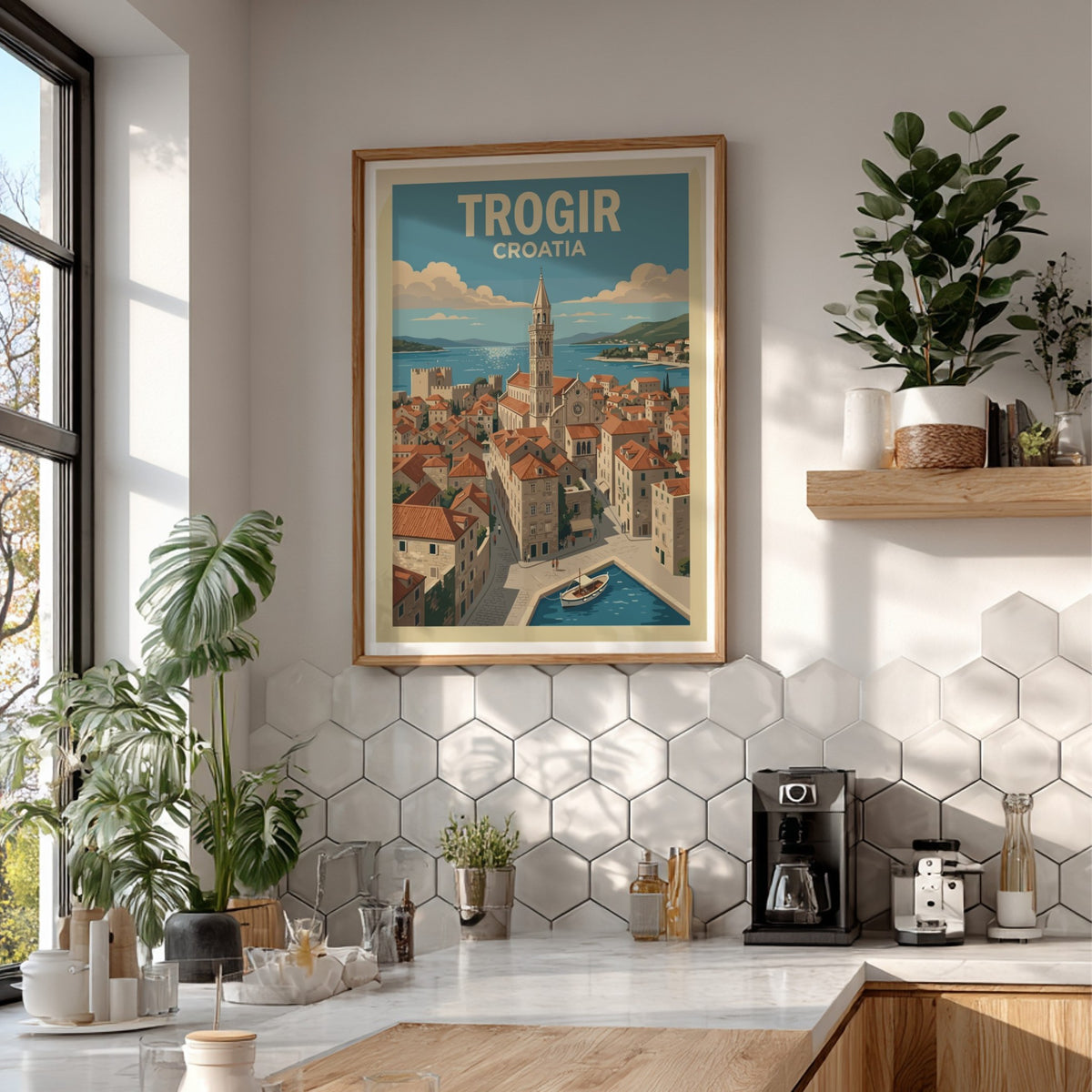 Poster of Trogir Croatia featuring a stone church tower overlooking terracotta rooftops and boats.