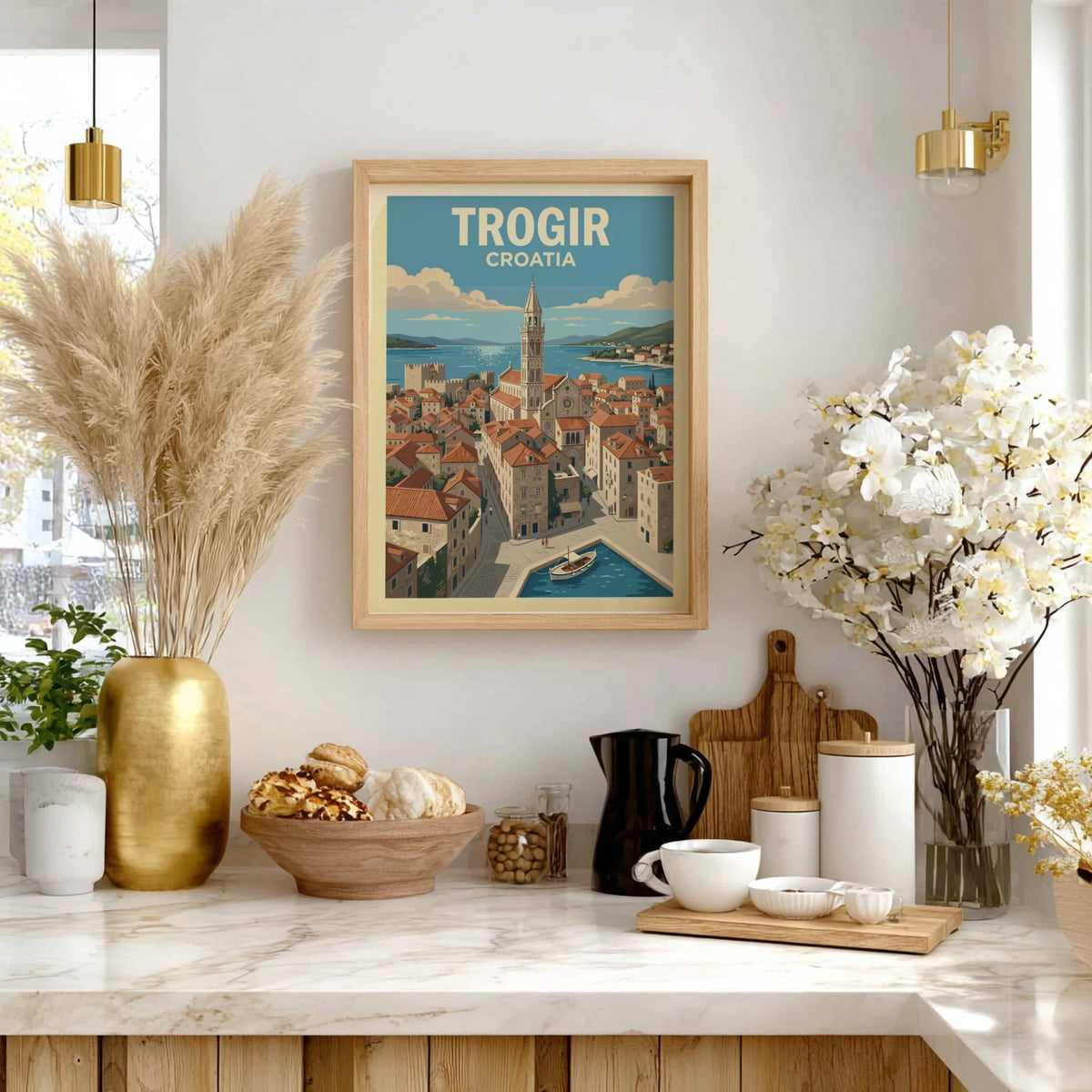 Poster of Trogir Croatia featuring a stone church tower overlooking terracotta rooftops and boats.