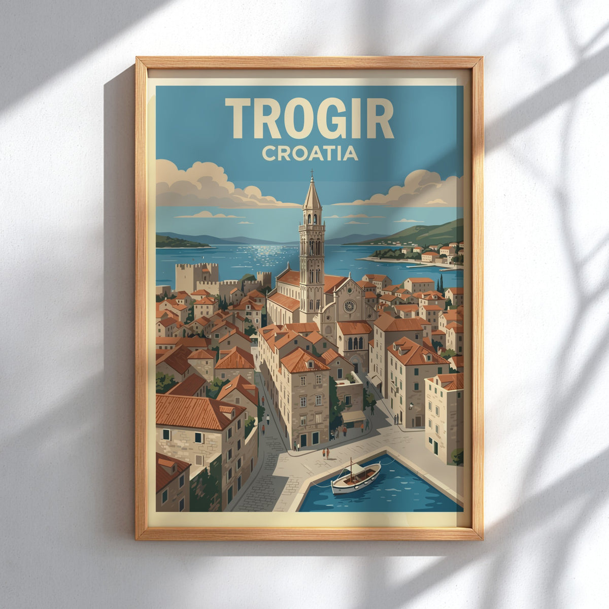 Poster of Trogir Croatia featuring a stone church tower overlooking terracotta rooftops and boats.
