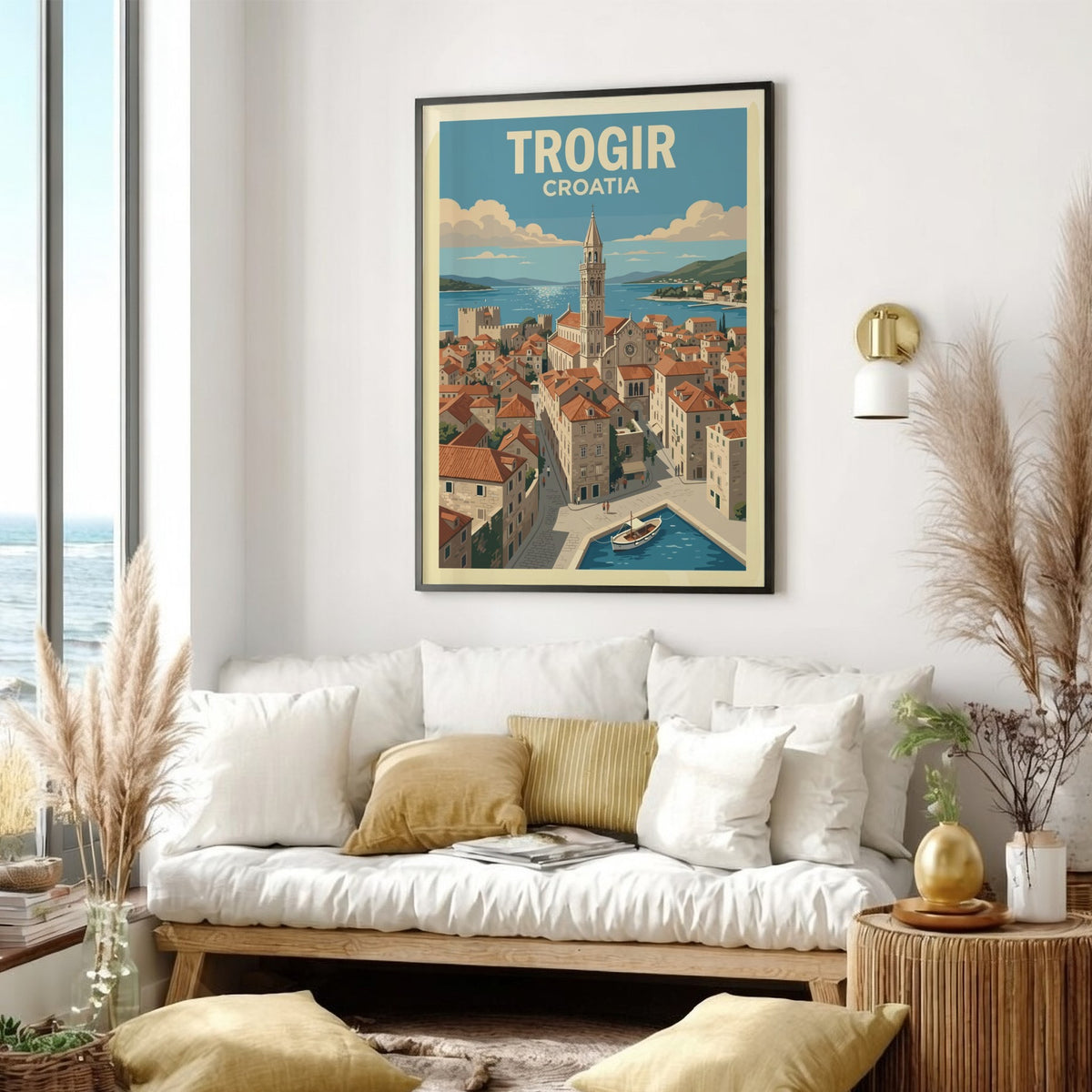 Poster of Trogir Croatia featuring a stone church tower overlooking terracotta rooftops and boats.