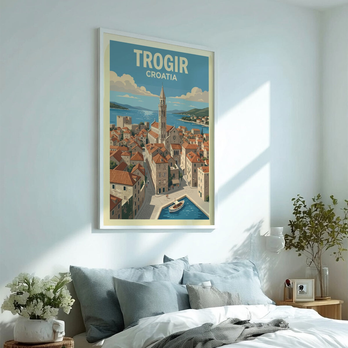 Poster of Trogir Croatia featuring a stone church tower overlooking terracotta rooftops and boats.