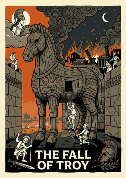 The Fall of Troy poster featuring the Trojan Horse, a burning city, and mythological figures in a dramatic,
