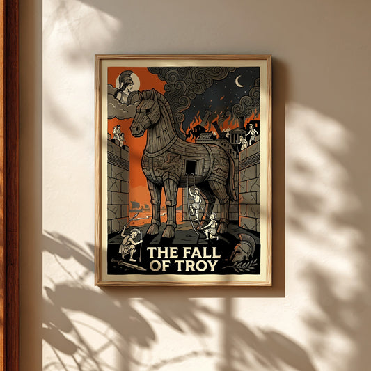 The Fall of Troy poster featuring the Trojan Horse, a burning city, and mythological figures in a dramatic,